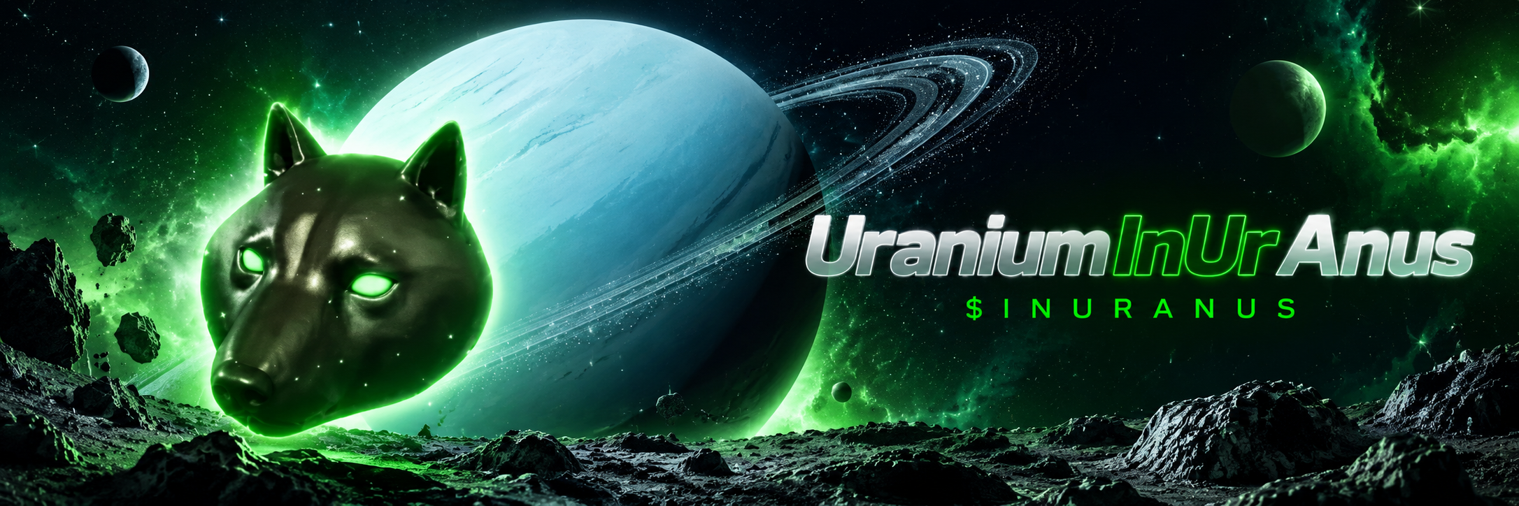 UraniumInUrAnus banner: wolf mascot, ringed ice planet, and $INURANUS over a radioactive green horizon